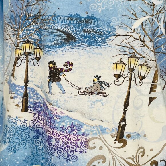 Holiday Editions Studded Christmas Shirt Sz L Winter Snowflake Sledding - Picture 2 of 7